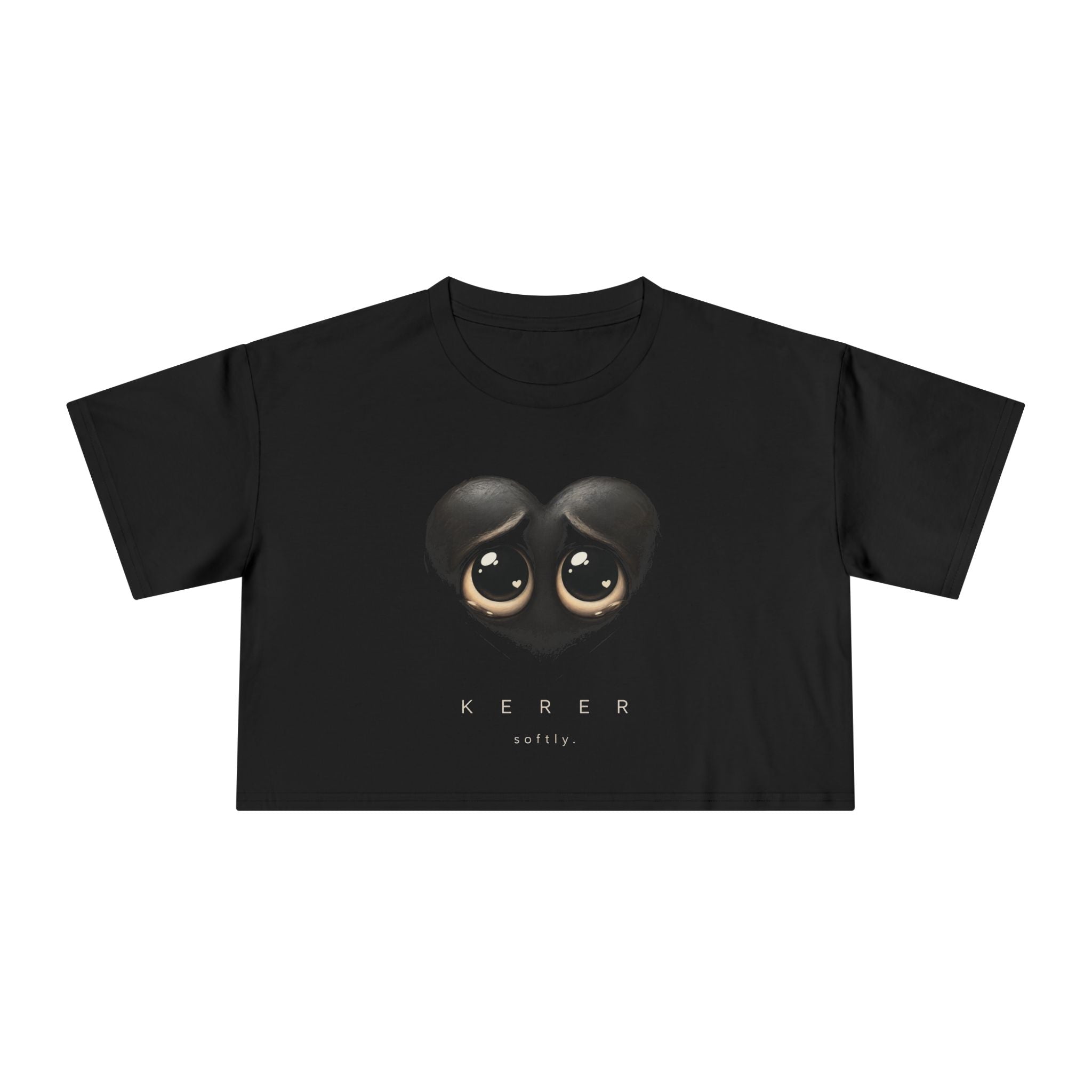 Crop Tee — Cute Black Heart Eyes Graphic "Kerer" Top
