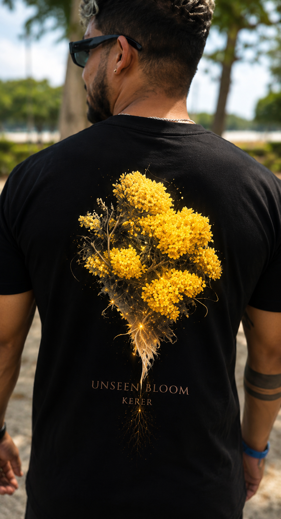 Unseen Bloom Tee — Golden Mimosa Floral Graphic T-Shirt