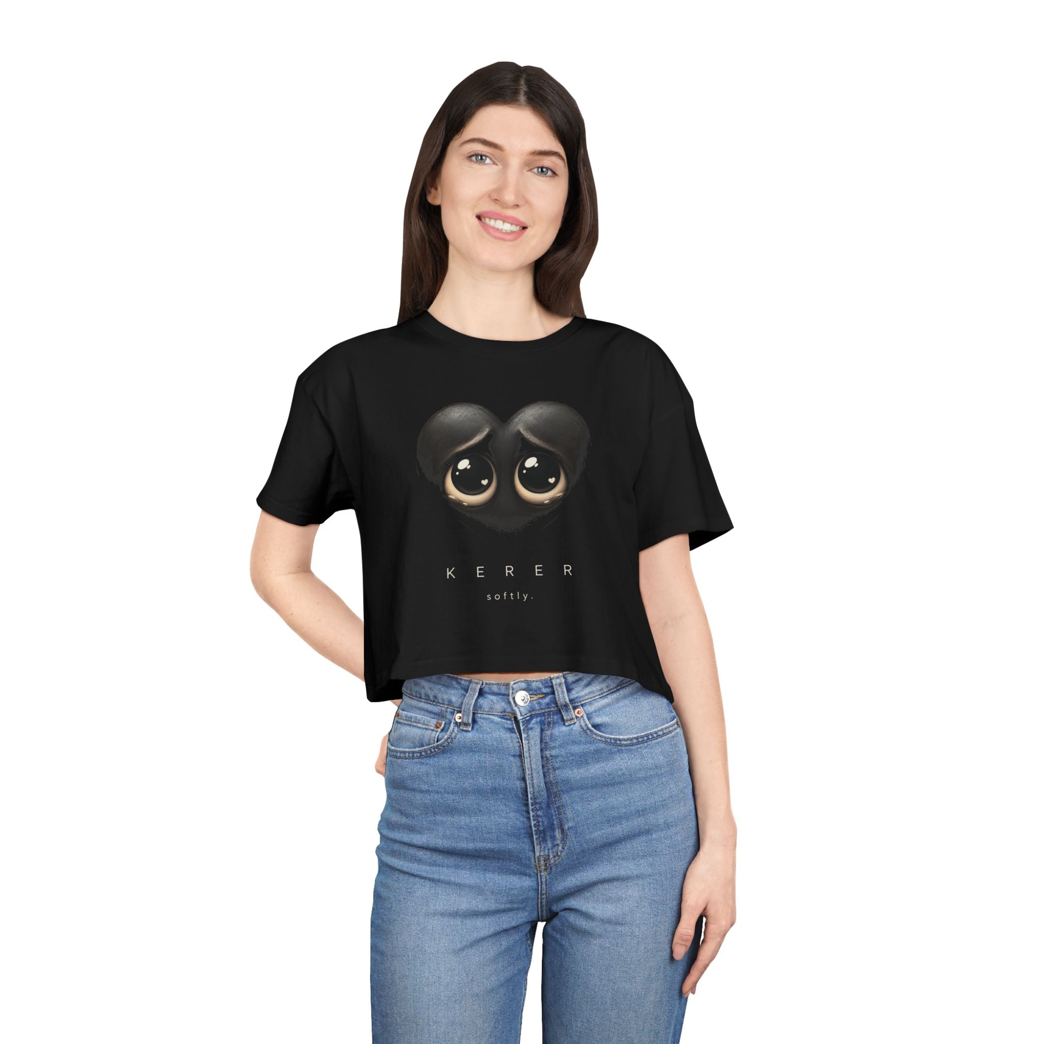 Crop Tee — Cute Black Heart Eyes Graphic "Kerer" Top
